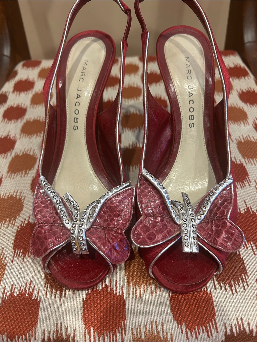 Marc Jacobs Burgundy Red Slingback Heels with Butterfly Stud Accent